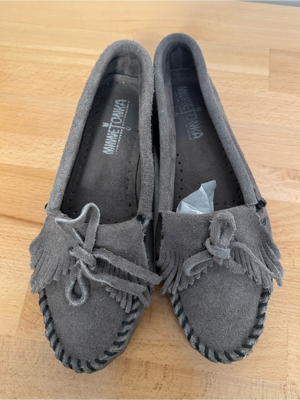 Minnetonka Gray Suede Fringe Tie Moccasins, size 5.5
